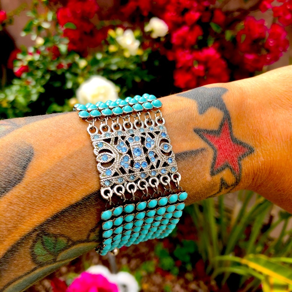 Blue Vintage-Inspired Wide Bracelet